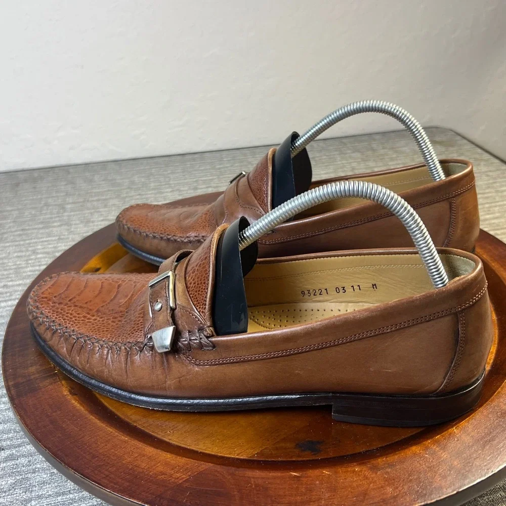 Vintage Boot Loafers Ostrich Embossed Buckle Strap Moc Toe 11 M Brown Dress